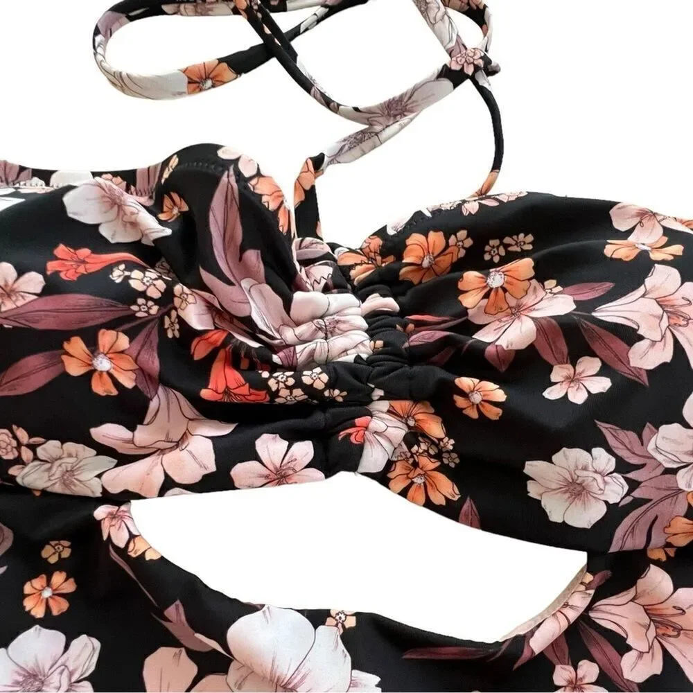 Shade and Shore Black Floral Halter Keyhole Bandeau One Piece Swimsuit